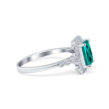 Halo Radiant Cut Wedding Ring Simulated Paraiba Tourmaline CZ 925 Sterling Silver